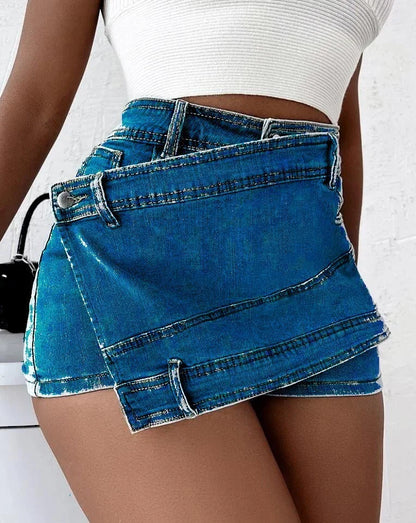 Stylish Y2K denim shorts with asymmetrical hem, available in dark blue, light blue, grey, and black colors in sizes S-5XL