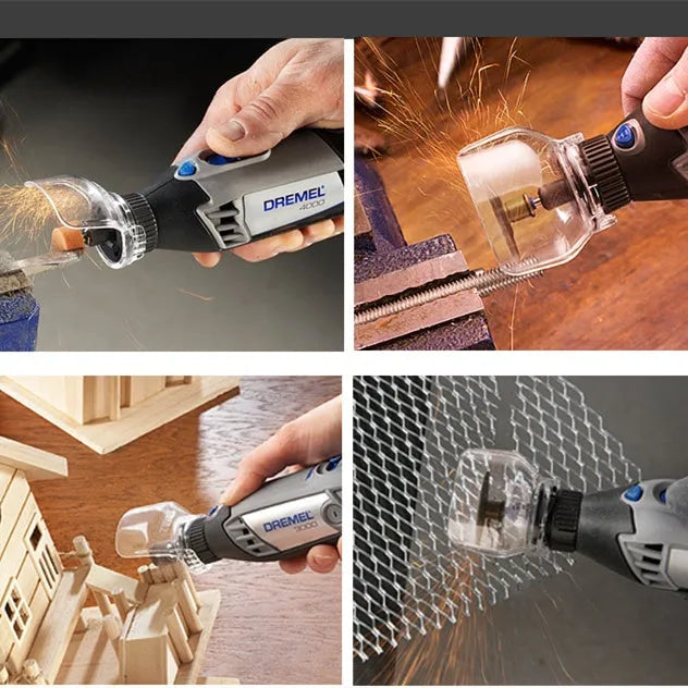 Clear plastic protective horn cover for Delta angle grinder thread port, shown against workshop background.