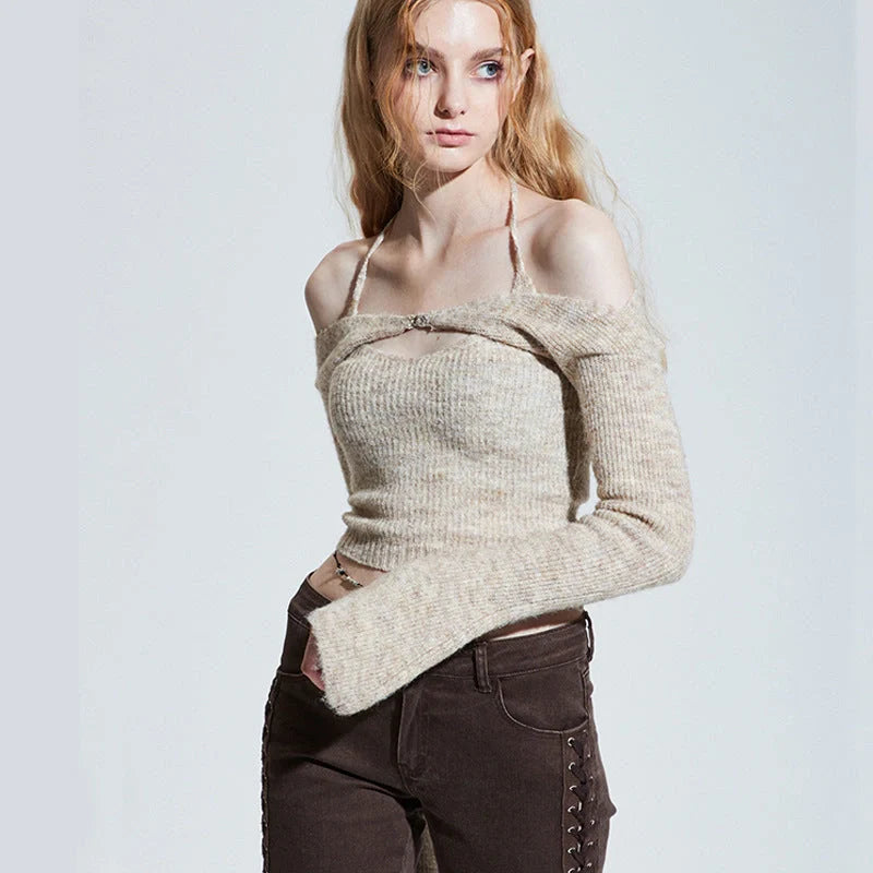 Off shoulder knitted sweater for women in black, blue, and apricot