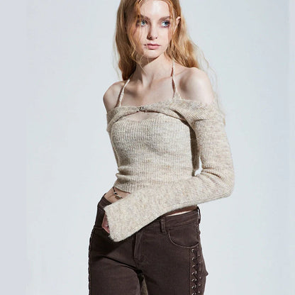 Off shoulder knitted sweater for women in black, blue, and apricot