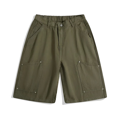 Casual wide-leg cropped pants with workwear rivet detailing in apricot colour with elastic waistband