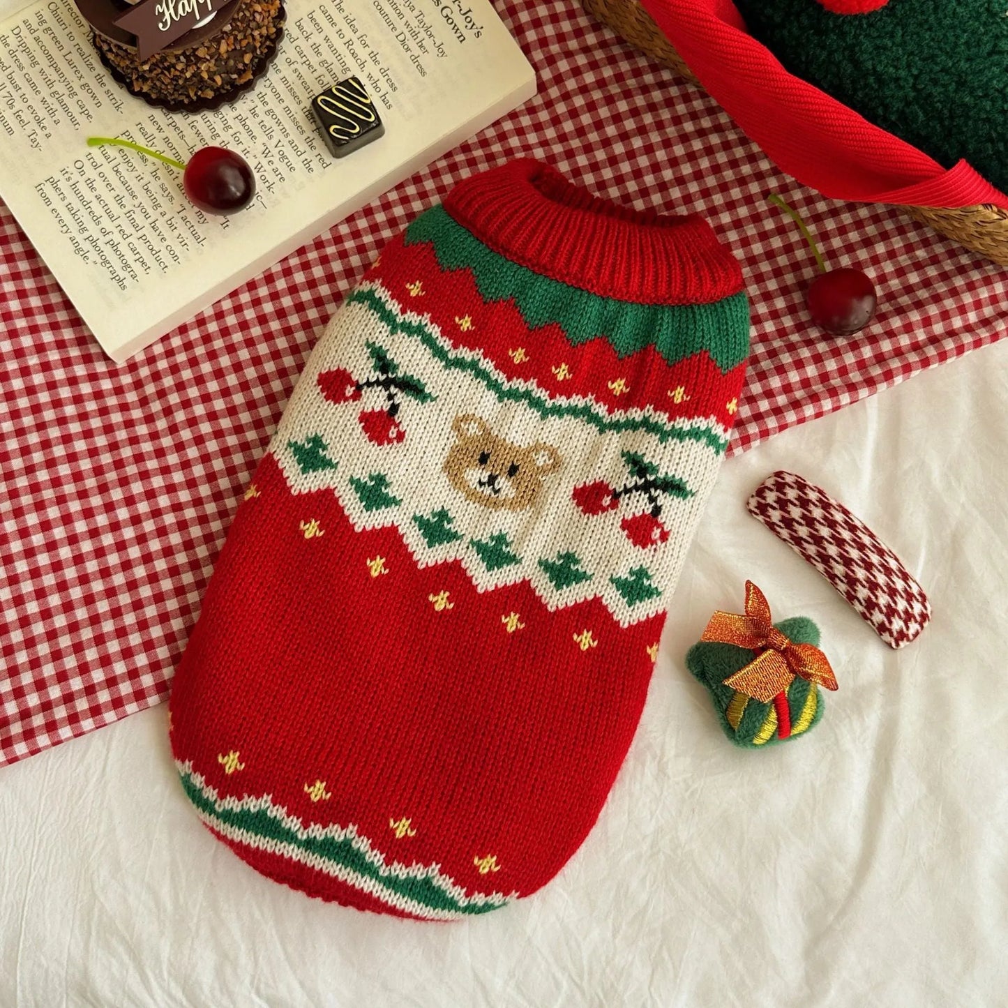 Red Christmas pet sweater with cherry print design for dogs and cats in polyester fabric