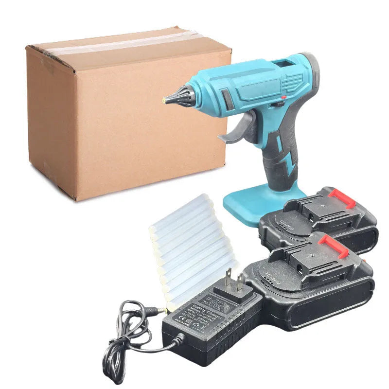 Cordless rechargeable hot melt glue gun with bare metal body, battery, charger, and pack of glue sticks.