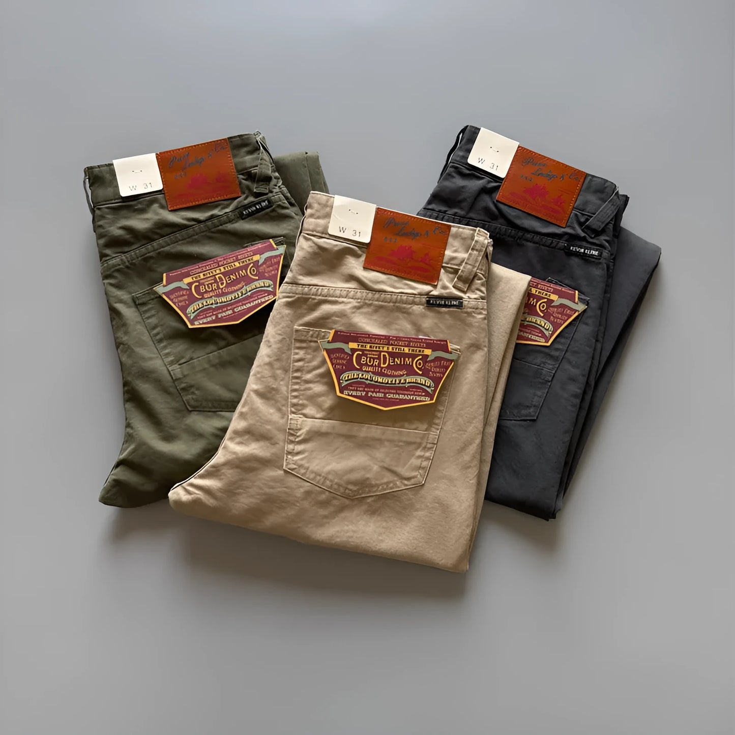 Men's straight-leg cotton trousers in grey, army green, or khaki with mid waist