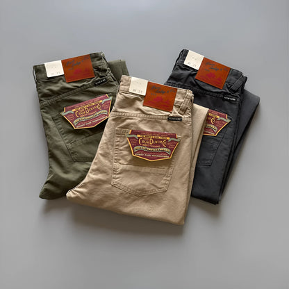Men's straight-leg cotton trousers in grey, army green, or khaki with mid waist