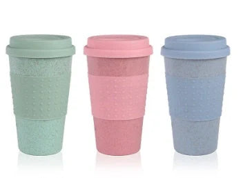 Eco-friendly wheat straw silicone coffee cup with lid in green, pink, and blue