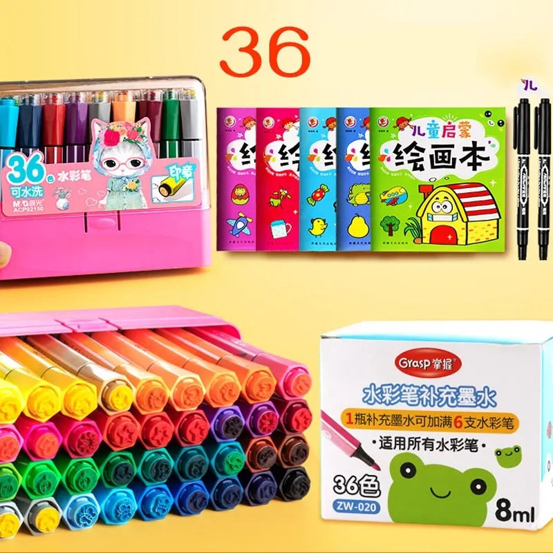 Safe non-toxic washable painting brush set with hexagonal rods in blue, pink or yellow