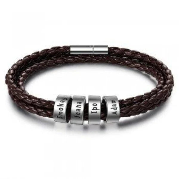 A personalized leather bracelet with engraved beads, a thoughtful gift for men