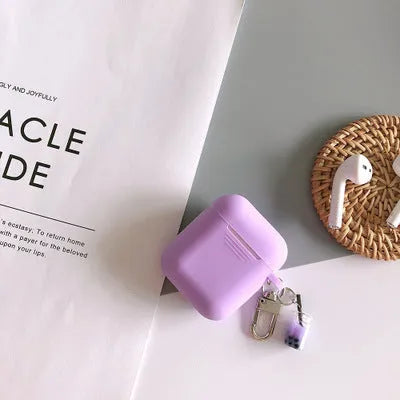 Milk tea AirPods storage case in purple silicone TPU soft shell with simple solid colour back cover