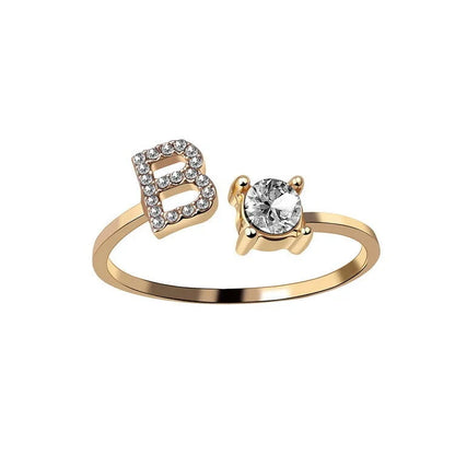 Personalized Initial Letter Crystal Ring with Adjustable Design in Gold, Silver, and Rose Gold Colors