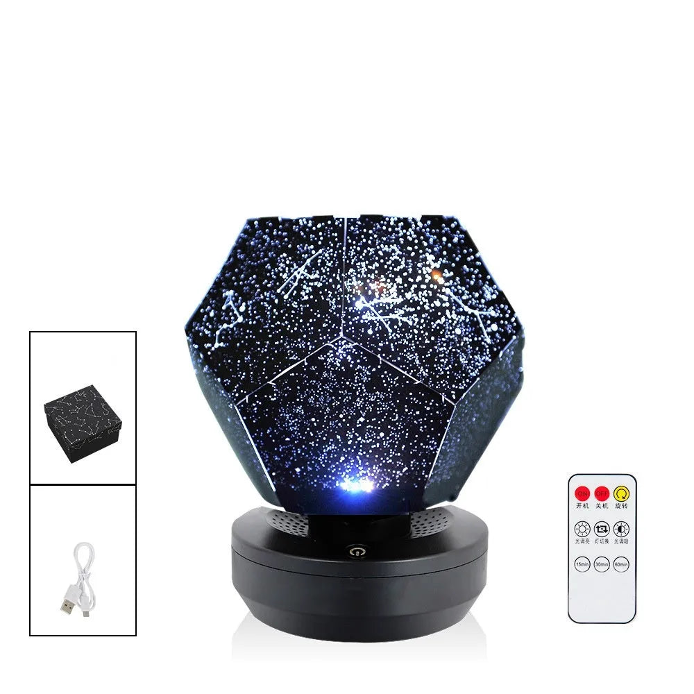 Plastic starry sky projection night light showing constellations on a bedroom ceiling, with remote control.