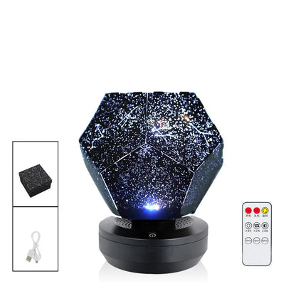 Plastic starry sky projection night light showing constellations on a bedroom ceiling, with remote control.