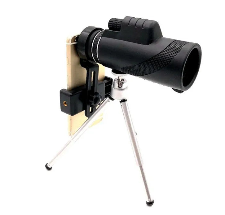 Black HD 40x60 monocular telescope with smartphone attached, showing 40x magnification and compact design.