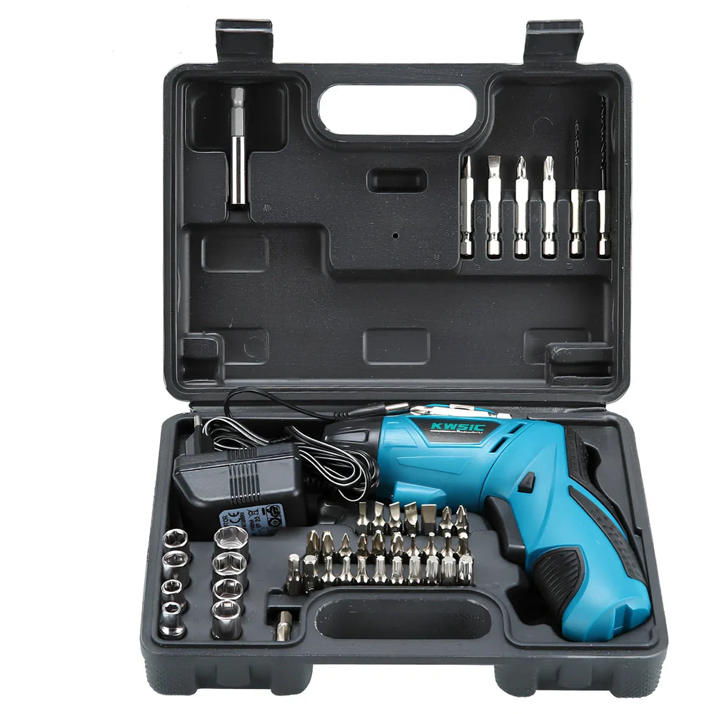4.8V blue electric screwdriver with rotating handle and battery indicator light display
