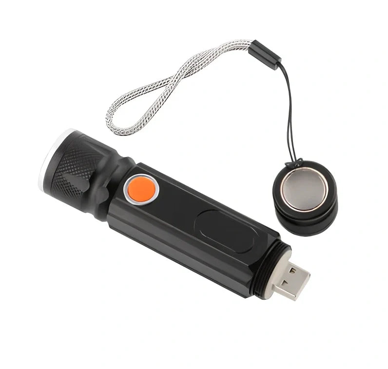 Black Soringrad multifunctional aluminium flashlight with COB and T6 lamp beads, magnet base, 200m range for hiking and camping