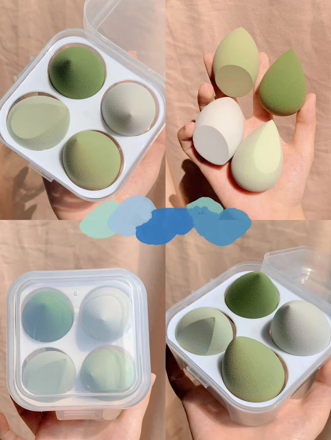 Four colourful synthetic makeup sponge eggs in a box, each measuring 6 cm.