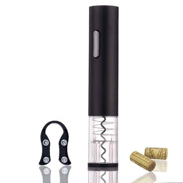 Black automatic electric wine opener with foil cutter showing battery compartment and cork removal mechanism