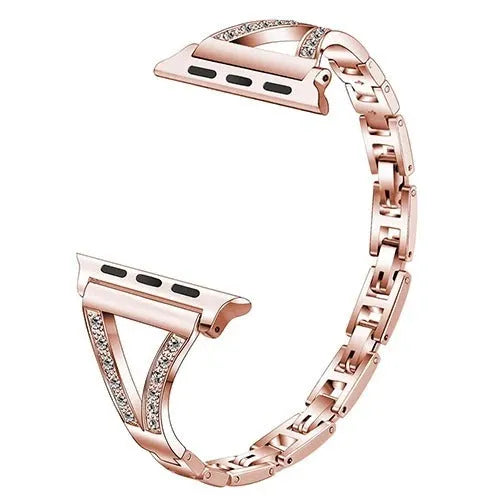 Diamond-studded stainless steel Apple Watch strap in black, gold, pink, rose gold, and white colour options