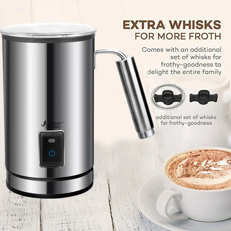 Electric Milk Frother in silver with stainless-steel body for coffee and cappuccino