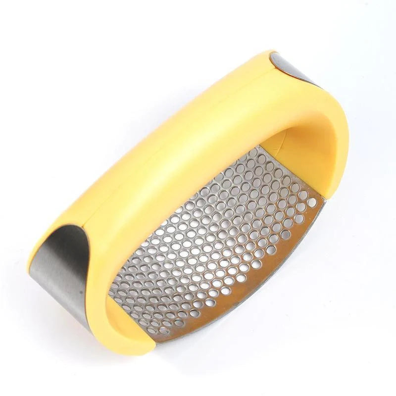 Stainless steel garlic press with non-slip handle for easy crushing