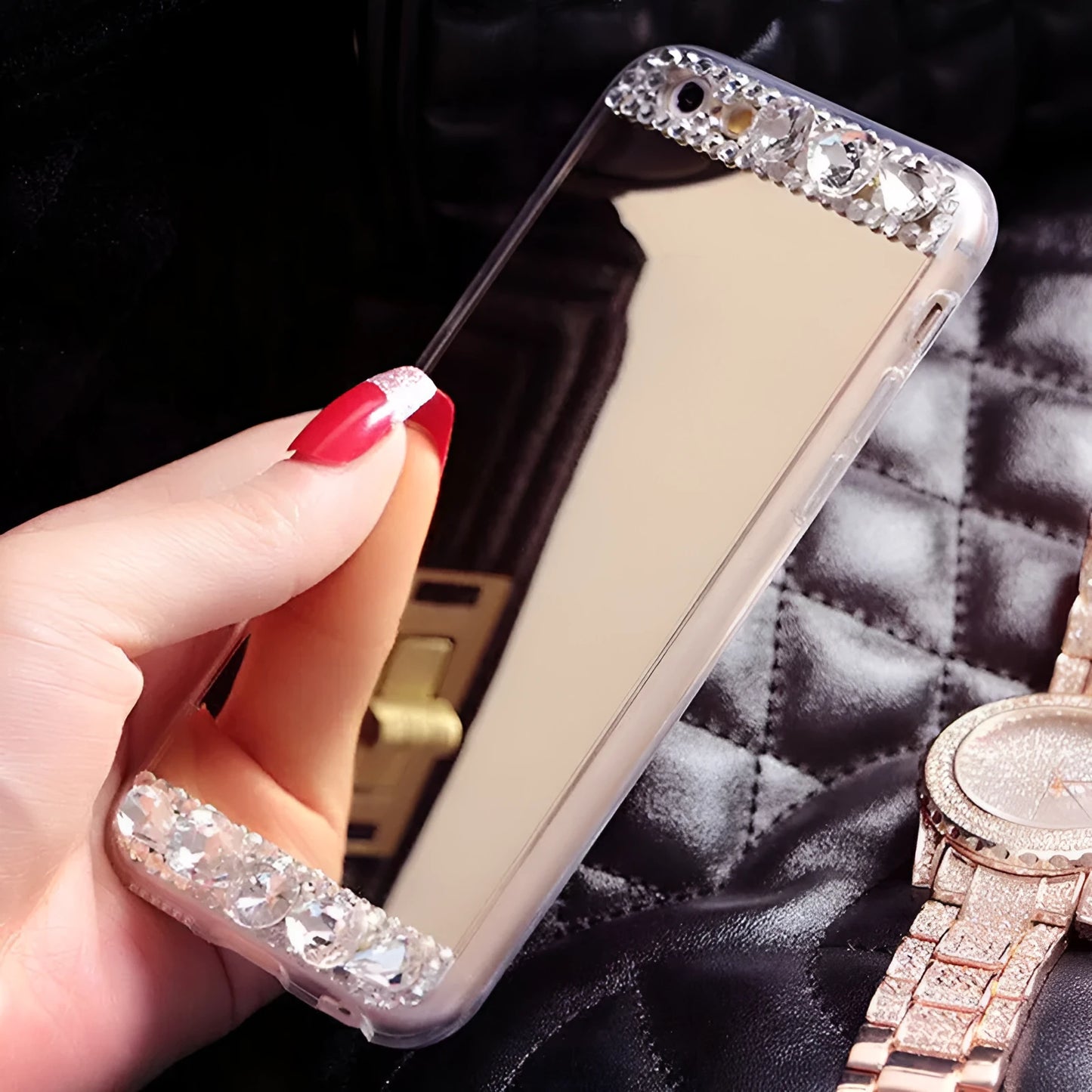Gold rhinestone silicone back cover case for Huawei P30 Pro phone on a table.