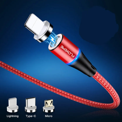 Black magnetic fast charge cable with LED light and three interchangeable tips for iPhone, Android, and Type-C connectors
