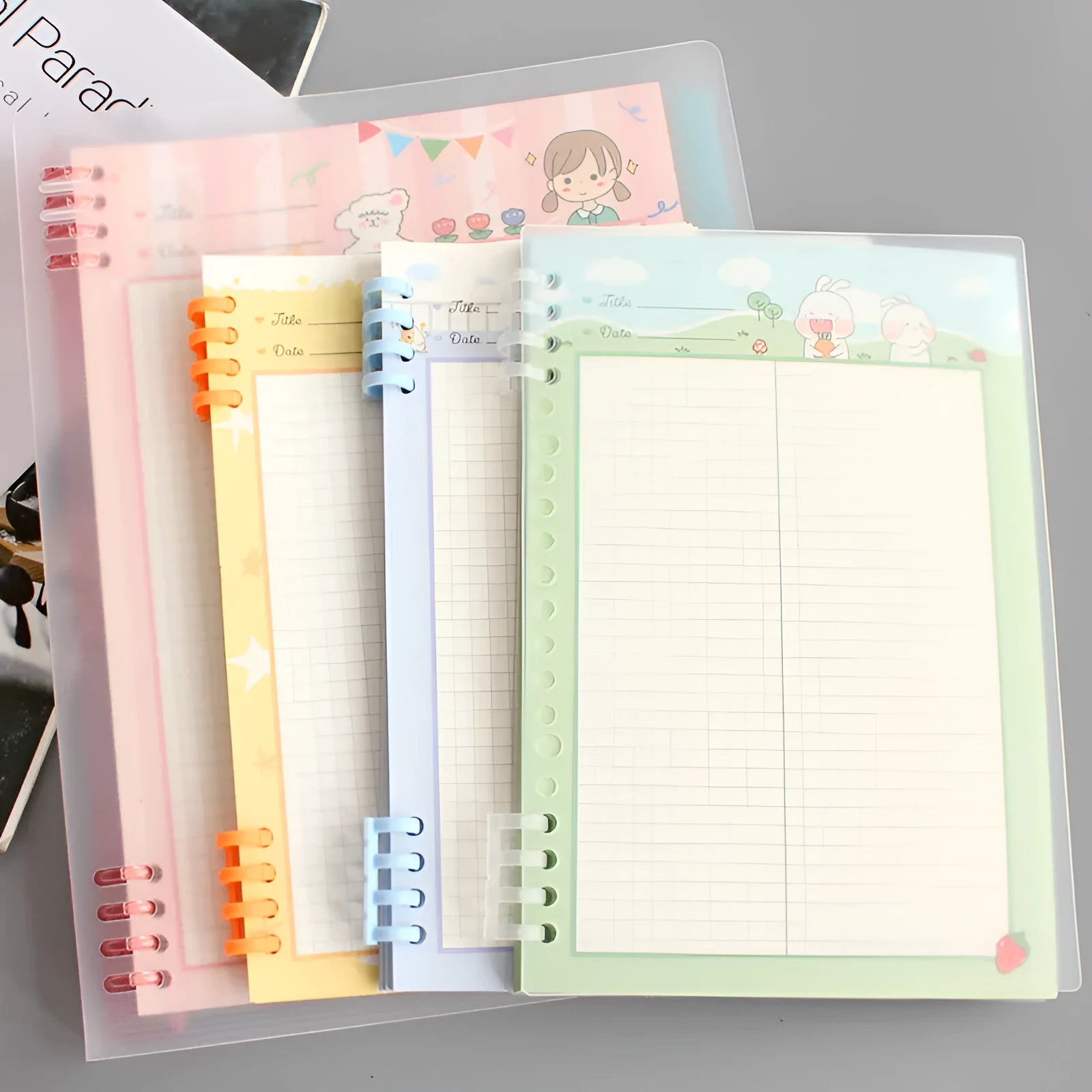 B5 size loose-leaf notebook refill with PP plastic shell in assorted colours: blue, green, pink, yellow, transparent.