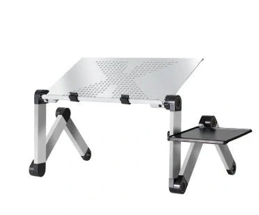 Adjustable folding laptop stand with ergonomic design and mouse pad in cool black and rose pink
