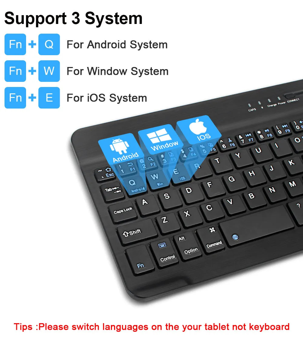 Black or white mini Bluetooth wireless keyboard shown in 7-inch, 9-inch, and 10-inch compact sizes.