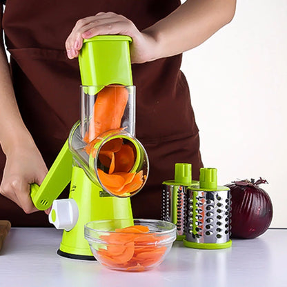 Round mandoline slicer with stainless steel blades for versatile kitchen use