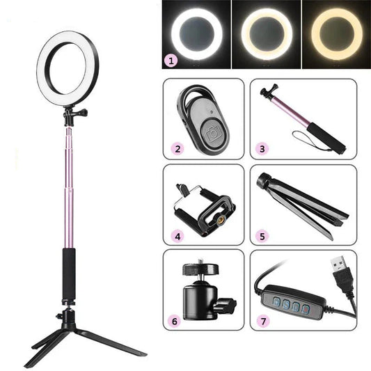 Adjustable tripod and ring light set with accessories for Apple device photography and videography