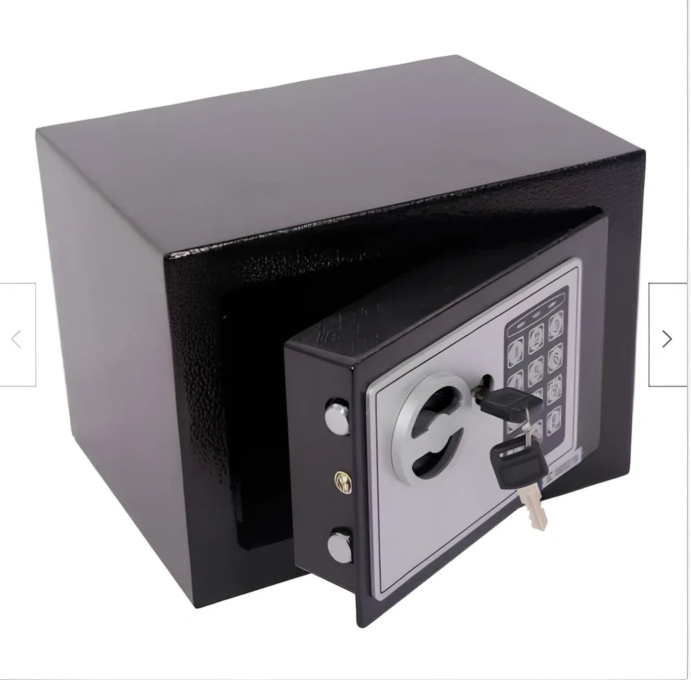 White mini office safe 230x170x170mm with password lock and 1/2mm panels on desk