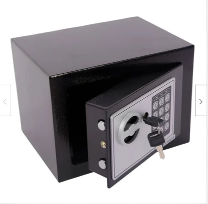 White mini office safe 230x170x170mm with password lock and 1/2mm panels on desk