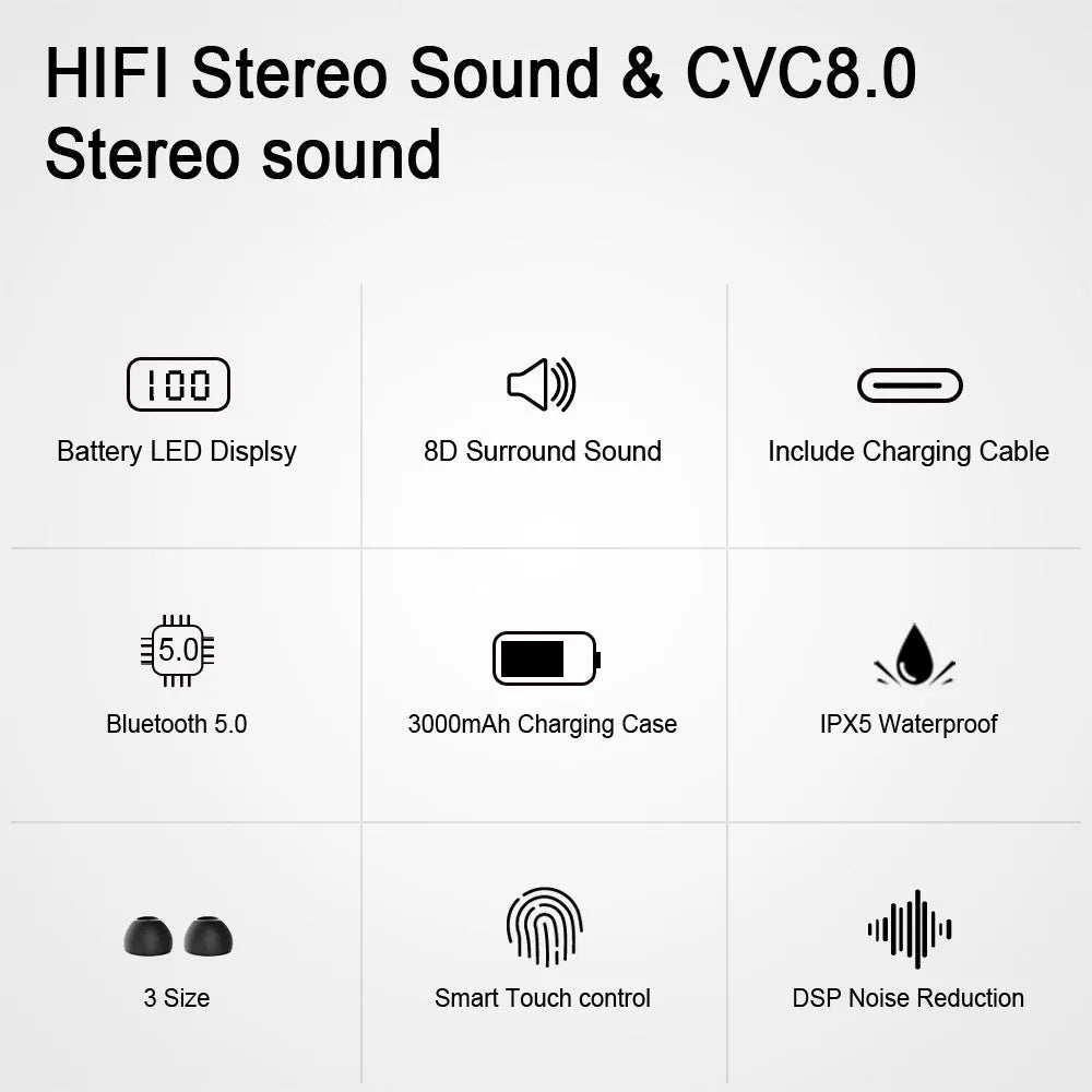 Black TWS Bluetooth earpieces showing left and right stereo units