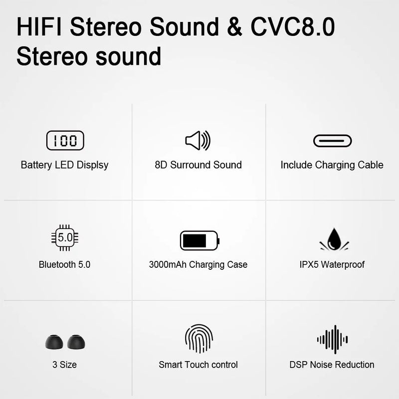 TWS Bluetooth headset with stereo bilateral connectivity, featuring a 15-metre transmission range, Bluetooth 5.0 protocol, power display, call function, and music support in classic black colour, suitable for multiple gifting occasions