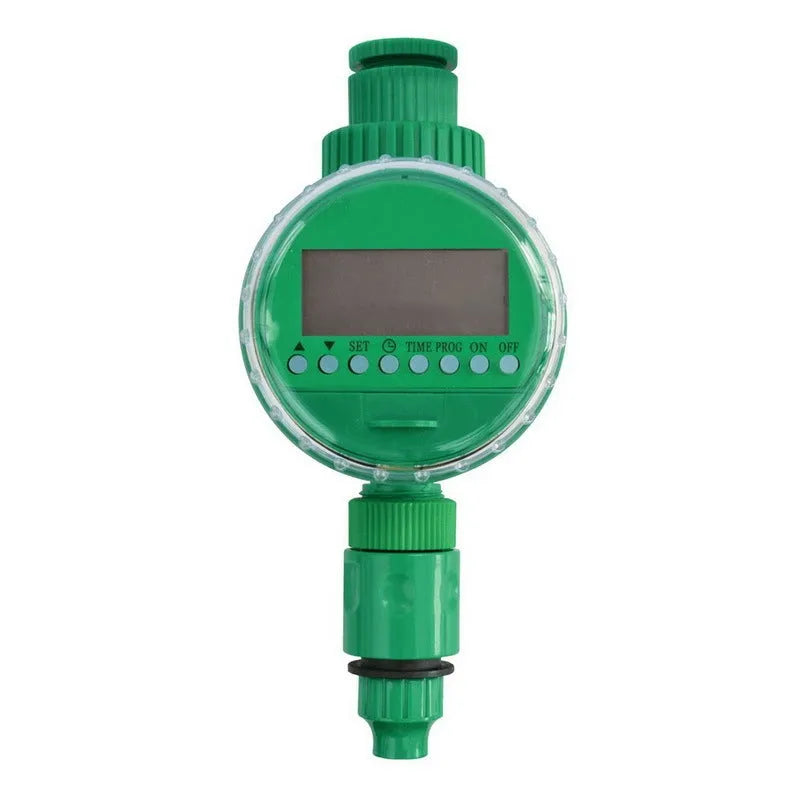 Green automatic watering timer for drip irrigation systems with household water flow compatibility
