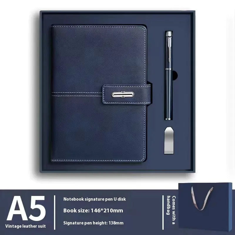 A5 notebook with imitation leather cover in colour options including black, red, green, blue, and orange.