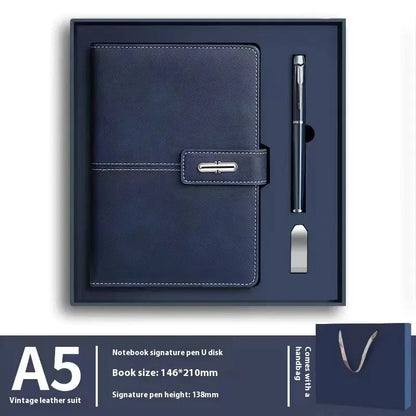 A5 notebook with imitation leather cover in colour options including black, red, green, blue, and orange.