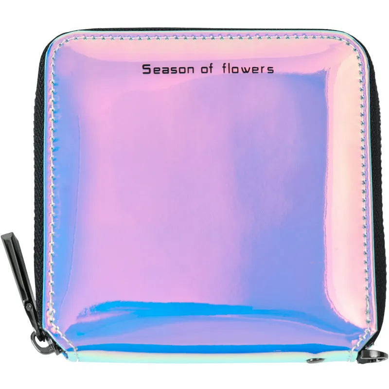 Short folding Korean-style women's wallet in PU leather showing three colour options: crystal blue, magic nail glitter, symphony green