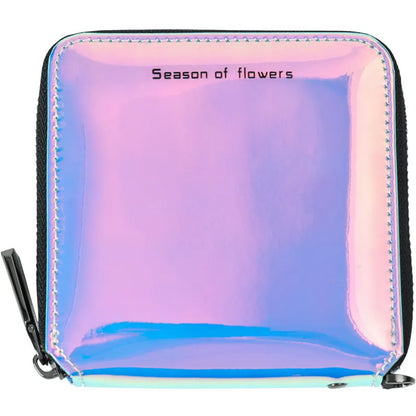 Short folding Korean-style women's wallet in PU leather showing three colour options: crystal blue, magic nail glitter, symphony green