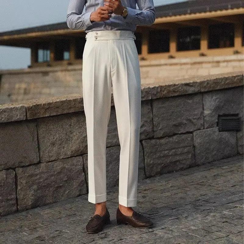 Slim fit straight leg business trousers in apricot colour on a hanger