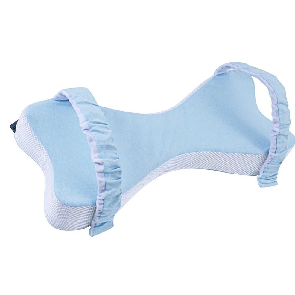 Light blue memory cotton knee pillow measuring 70×37×9cm with adjustable 5-10cm height for side sleeping support