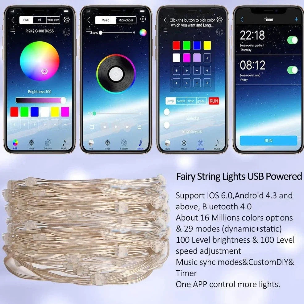 10m Bluetooth RGB Christmas tree light string with 100 waterproof LEDs and remote control