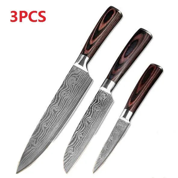 Professional chef knife with laser-etched Damascus pattern on 7Cr17 steel blade and coloured wood handle.