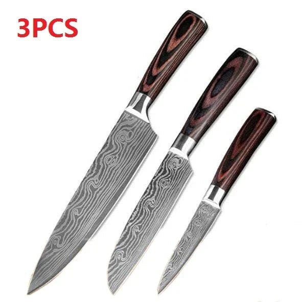 Premium chef knife set with high-performance stainless steel blades, featuring a striking Damascus pattern and ergonomic color-coated handles