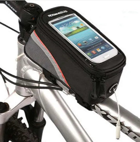 ROSWHEEL bicycle frame bag holder in black blue colour, showing iPhone compatibility and size options
