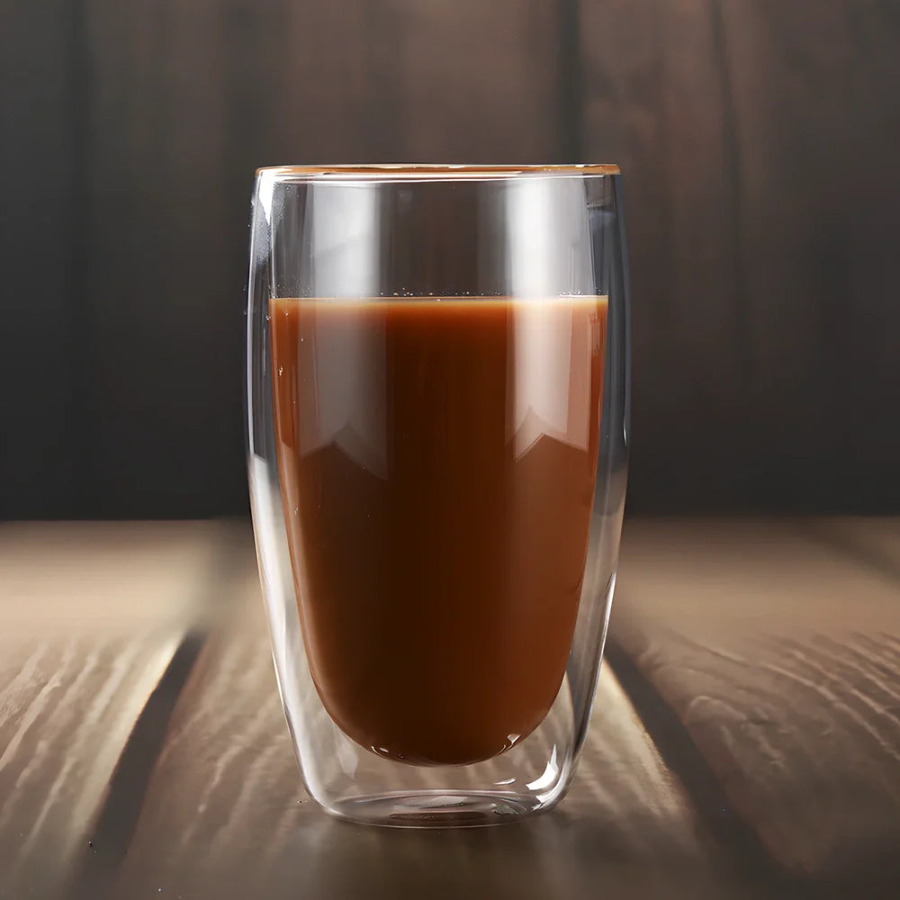 Chinese style double-layer glass coffee cup showing heat-resistant construction and traditional design elements