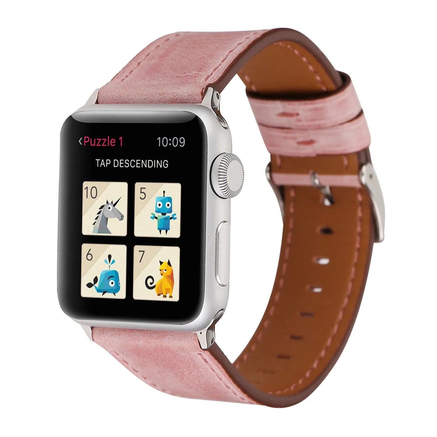 Leather watch strap with a folding buckle in blue, shown next to brown, green, orange, pink, and yellow colour options.