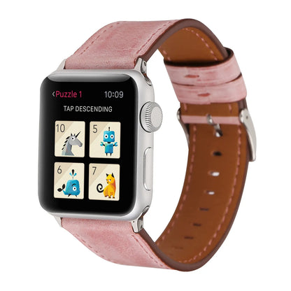 Leather watch strap with a folding buckle in blue, shown next to brown, green, orange, pink, and yellow colour options.
