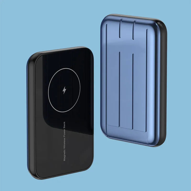 15W magnetic wireless charging power bank 5000mAh in blue, green, and grey, 98x64x16mm